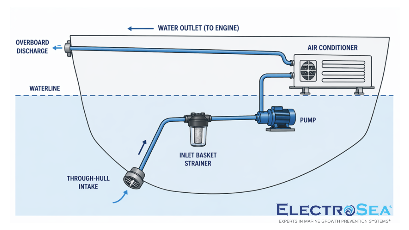 Diagram of where an inlet basket strainer sits on a boat. It sits inline in the middle of the water intake and catches debris before the water flows to the AC pump. 