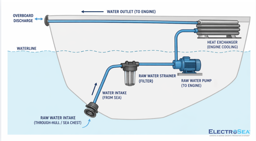 Diagram of how a raw water strainer works. Raw water enters the boat via thru-hull and then is filtered through a strainer before being directed to a raw water pump, engine, heat exchanger, and other boat systems. Water exits via outlet to overboard discharge. 