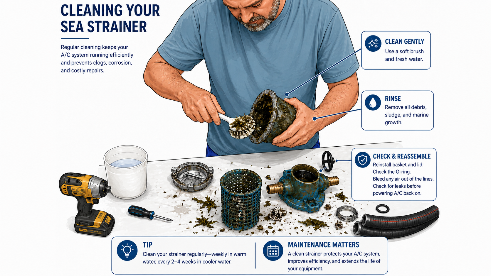 Illustrated marine maintenance infographic showing a man cleaning a sea strainer basket with a soft brush at a workbench. Callout boxes explain how to clean gently, rinse debris and marine growth, and reassemble the system by checking the O-ring, bleeding air from the lines, and checking for leaks before restarting the A/C. Tools, hoses, and strainer components are displayed on the table.