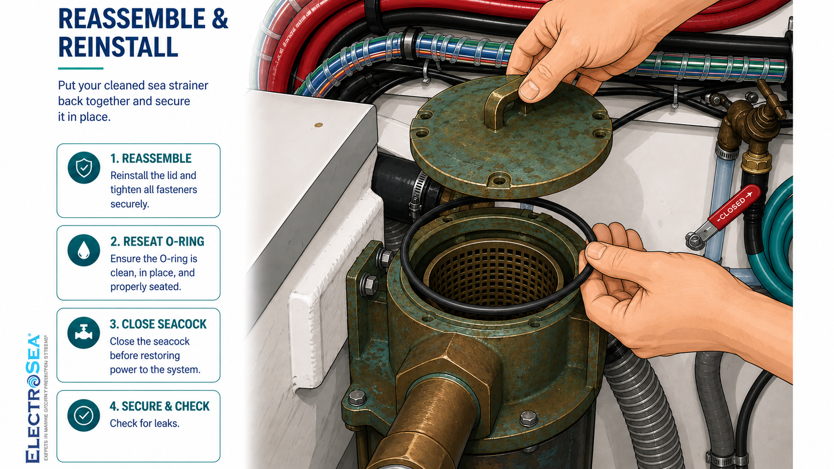 Infographic showing how to clean a marine sea strainer basket, including rinsing, reassembly, and leak-check steps.