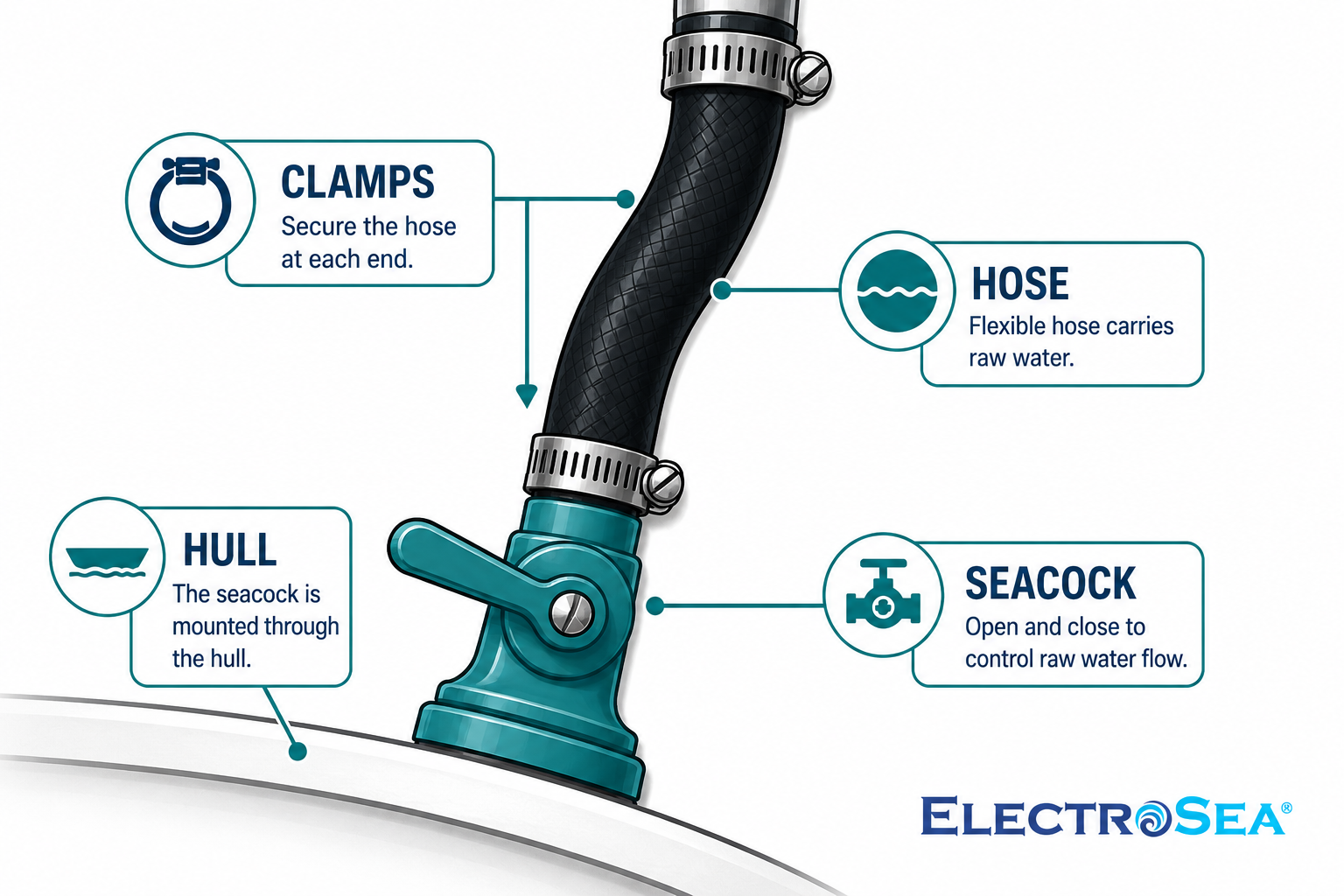 Illustrated marine plumbing diagram showing a seacock mounted through the hull, connected to a black raw-water hose secured with metal clamps. Callouts label the clamps, hose, hull, and seacock.