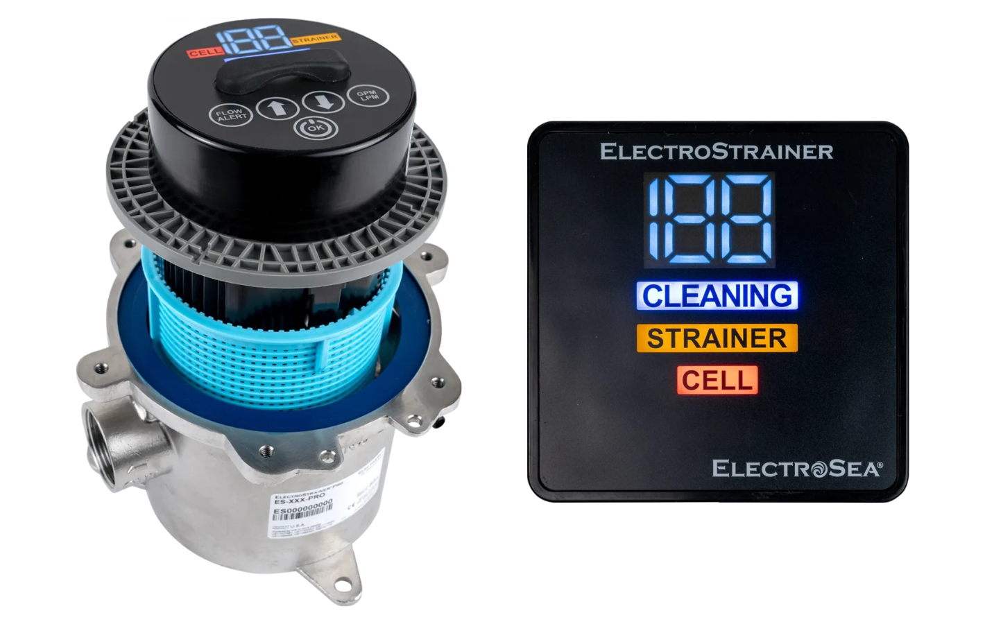 Photograph of the ElectroStrainer Pro (canister cell strainer basket) and ClearVis Display on the canister head and the remote display that can be mounted in different part of the boat.