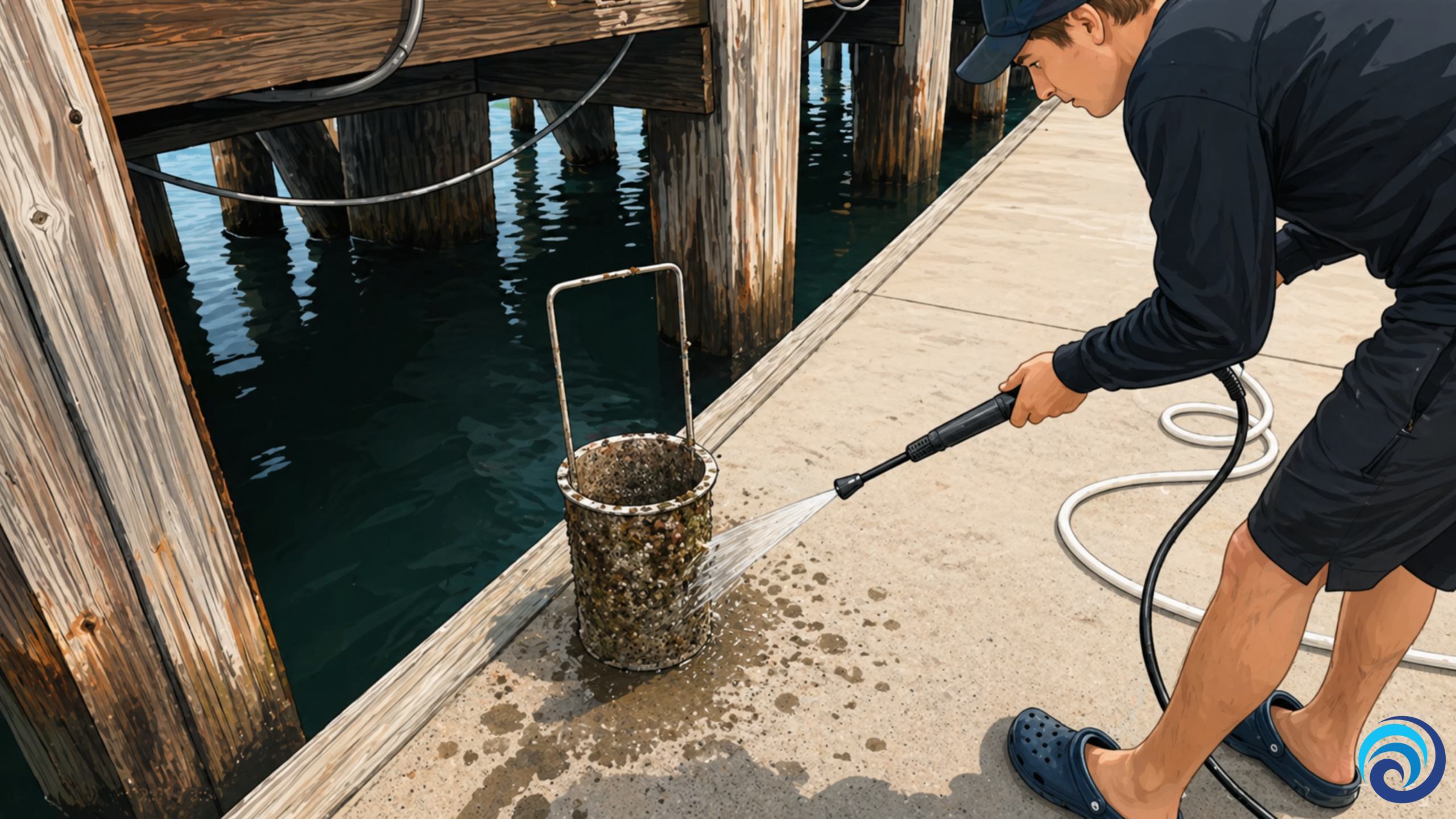 Young man wearing shorts, long-sleeve tea, and rubber clogs hoses down a dirty metal strainer basket with a long handle on at a boat dock.