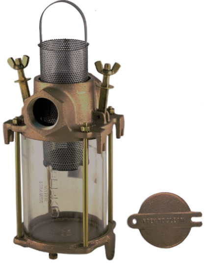 Close-up image of a bronze Perko water intake strainer. Two high-mounted wingnuts on either side. Wider-body canister. Cylndrical sea basket housed inside - with upright handle attached. 