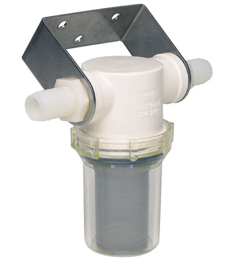 Close-up product image of a budget-friendly Shurflo strainer with visibly plastic components. Looks silver in color with white plastic upper lid of canister housing and boxier silver metal handle. 
