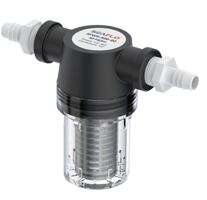 Seaflo inline water strainer with clear sediment filter bowl, stainless steel mesh screen, and hose barb fittings for marine and freshwater systems.