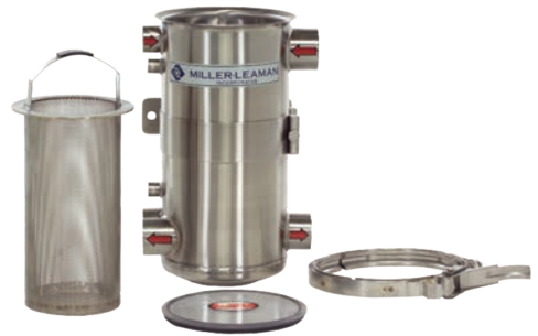 Stainless steel marine seawater strainer with removable filter basket and quick-release lid for protecting boat engine cooling systems from debris.