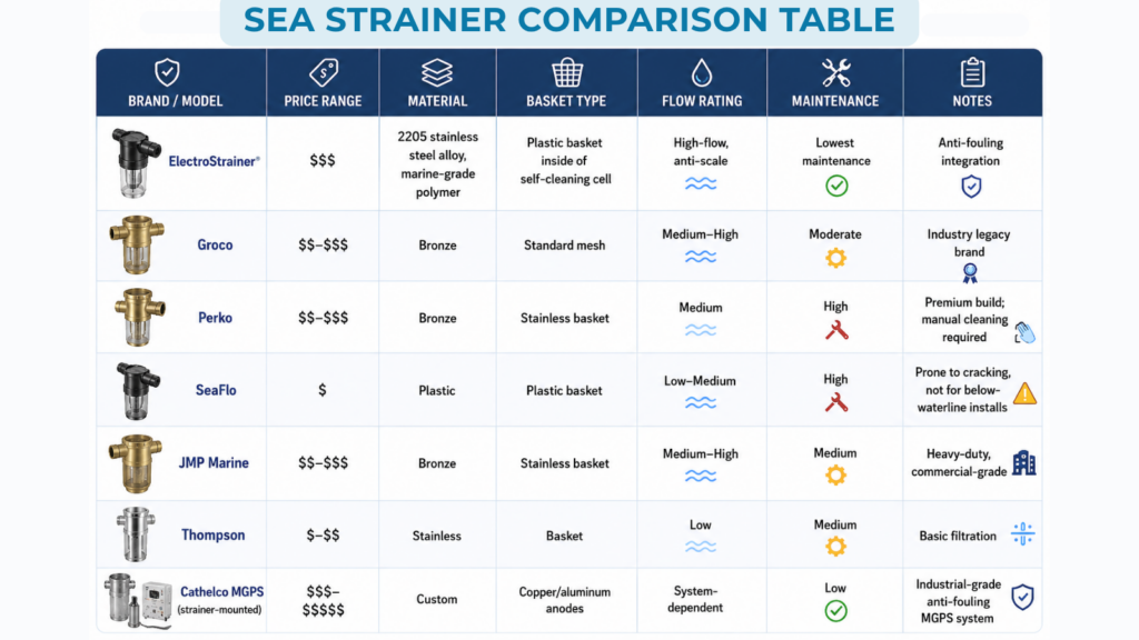 Comparison chart of top-selling marine sea strainers showing ElectroStrainer, Groco, Perko, SeaFlo, JMP Marine, Thompson, and Cathelco MGPS. The table compares price range, construction materials, basket type, flow rating, maintenance requirements, and anti-fouling features to help boat owners evaluate sea strainer options.