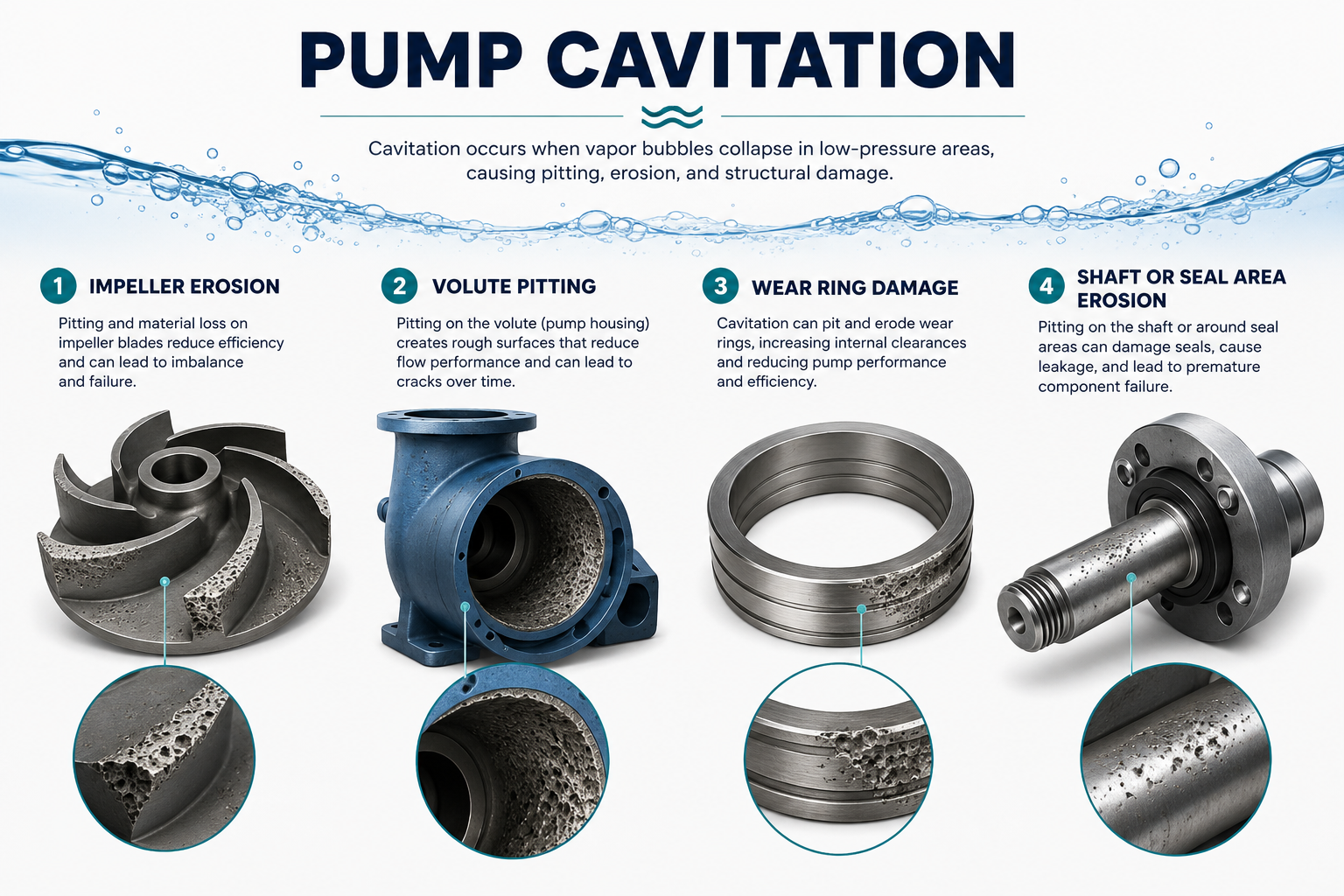 Infographic showing four common types of pump cavitation damage: impeller erosion, volute pitting, wear ring damage, and shaft or seal area erosion.