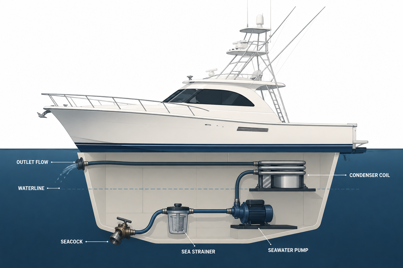 Simplified cutaway diagram of a sportfishing boat showing the path of seawater through a marine cooling system. Labels identify the seacock, sea strainer, seawater pump, condenser coil, waterline, and outlet flow, illustrating how seawater enters the hull, passes through the strainer and pump, circulates through the condenser, and exits overboard.