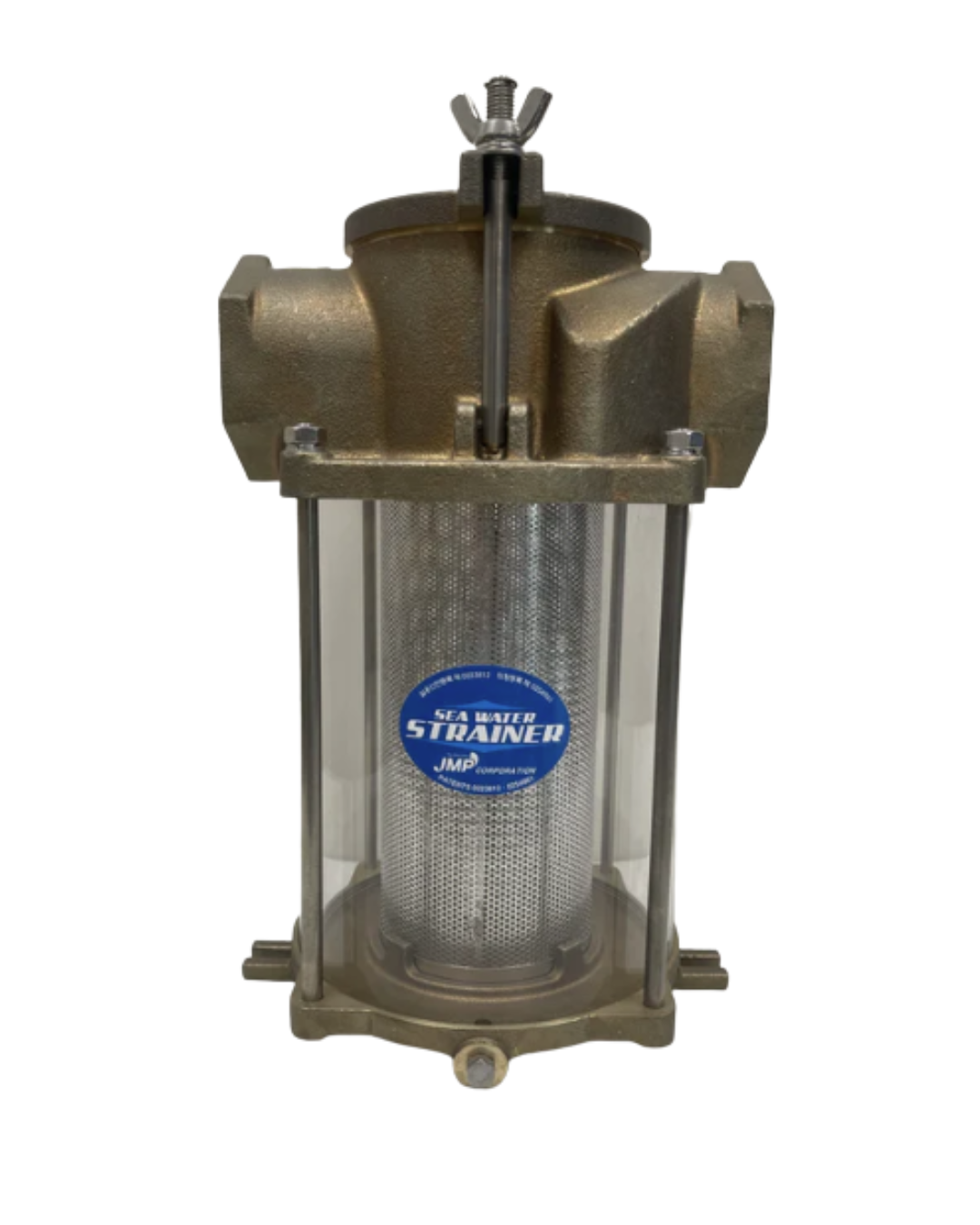 Marine sea water strainer with bronze housing, stainless steel mesh filter basket, and clear inspection chamber for protecting boat engine cooling systems from debris and marine growth.