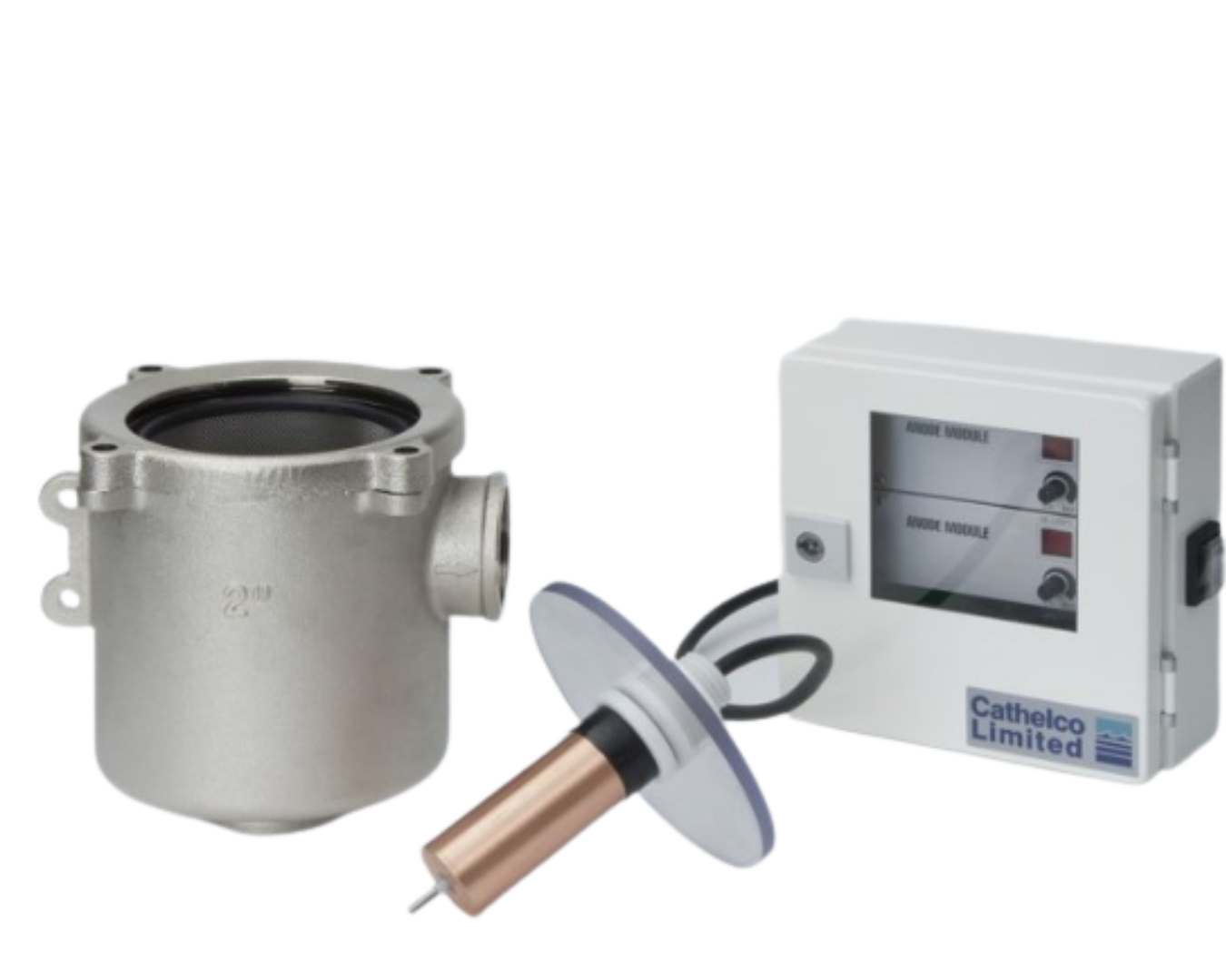 Marine impressed current anti-fouling system with copper anode, control module, and strainer housing for preventing marine growth in seawater cooling systems.
