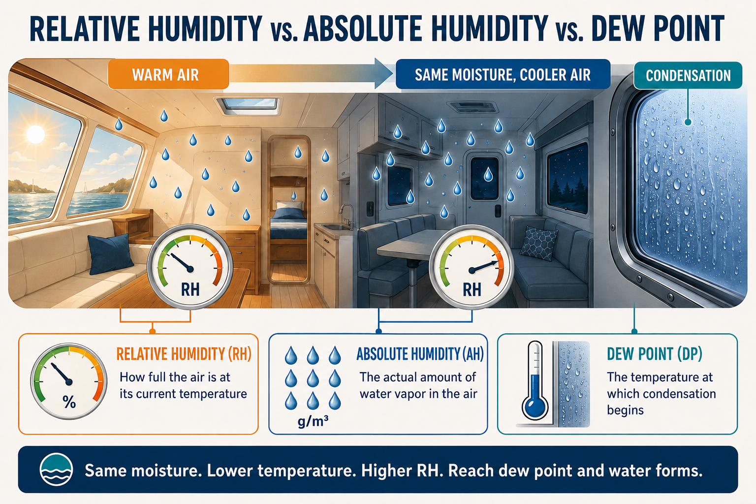 Infographic comparing relative humidity, absolute humidity and dew point in a marine setting, showing how the same moisture can feel dry during a warm day but form condensation as the air and boat surfaces cool at night.