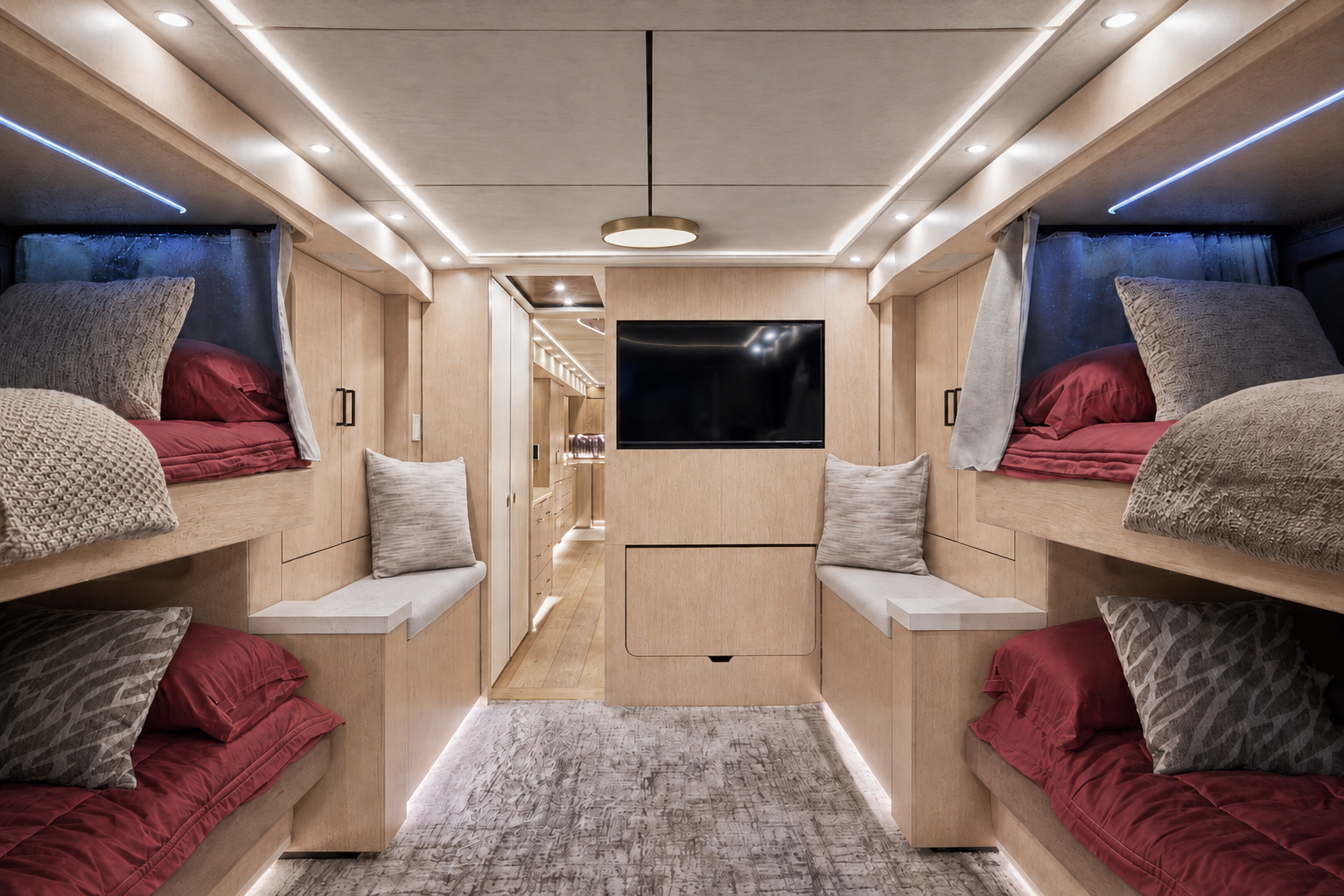Modern RV bunk room with scarlet bedding, pale wood paneling and condensation on the windows.