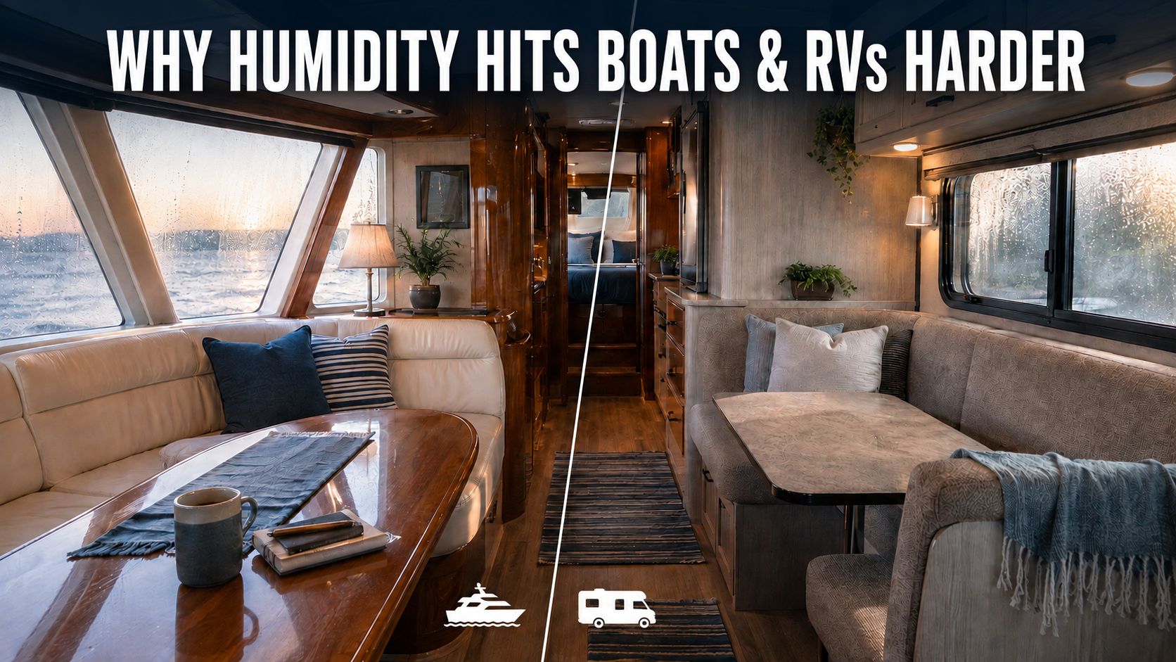 Split yacht cabin and RV interior showing condensation caused by humidity in boats and recreational vehicles.