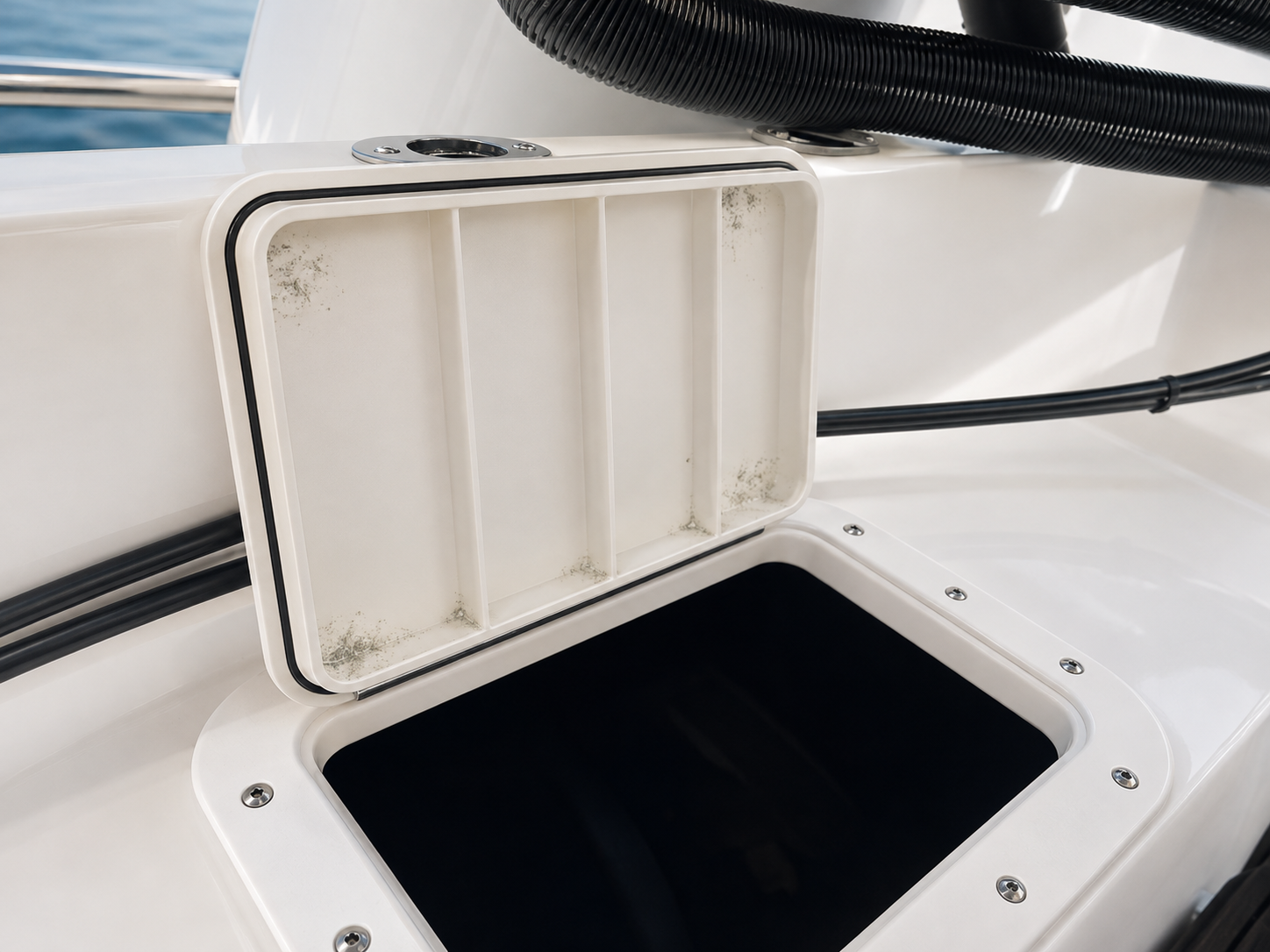 Light mildew developing inside a boat locker hatch above the bilge.