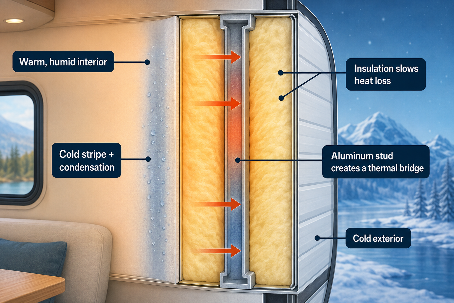 Cutaway diagram of an insulated camper wall showing heat escaping through an aluminum stud and condensation forming along the colder interior surface.