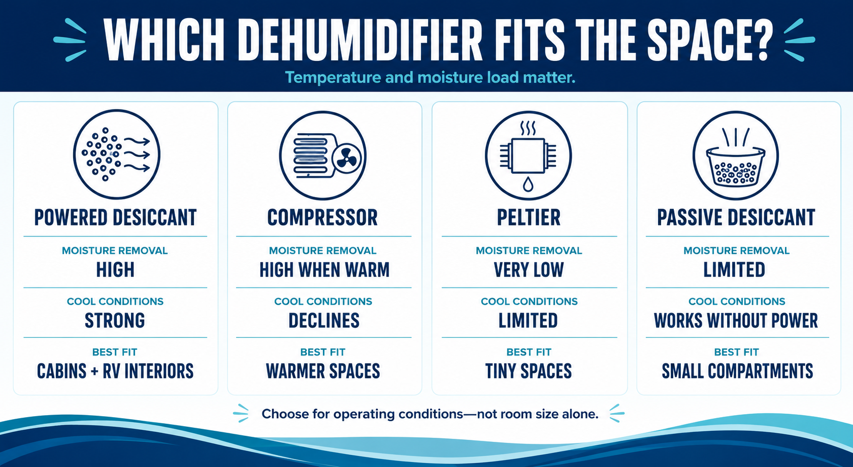 Chart comparing moisture removal, cool-weather performance and best uses for four dehumidifier types.