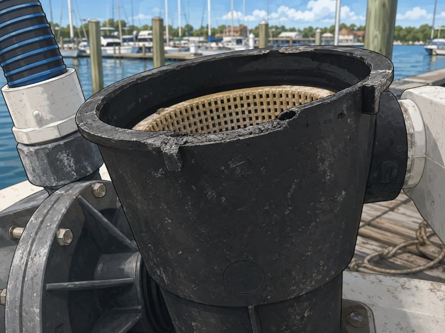 Black marine sea strainer housing with a large crack along its rim.
