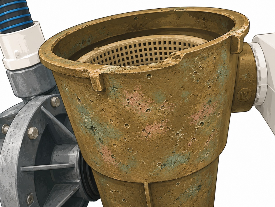 Heavily corroded bronze sea strainer with green and brown surface buildup.