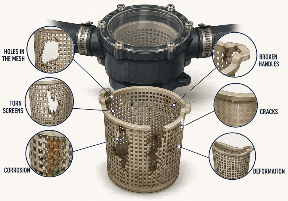 Marine sea strainer and basket showing holes, torn mesh, corrosion, broken handles, cracks and deformation.