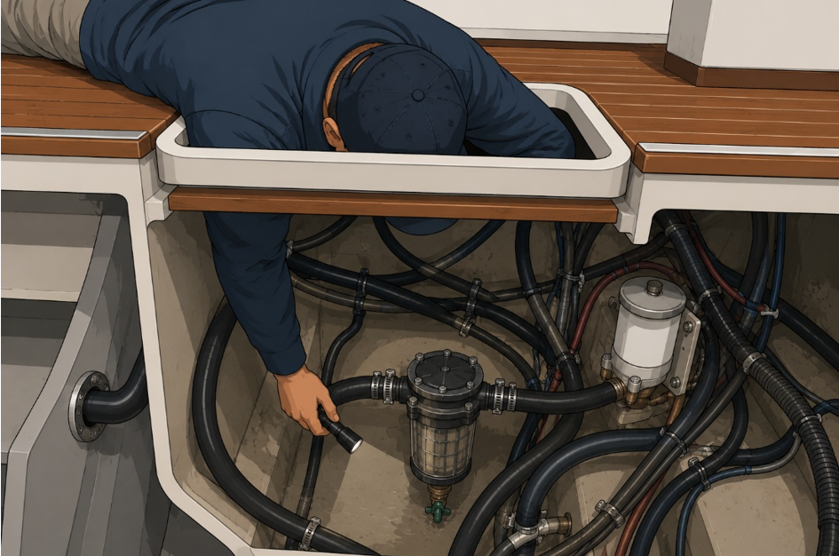 oat owner reaching into a crowded machinery compartment to access a sea strainer.