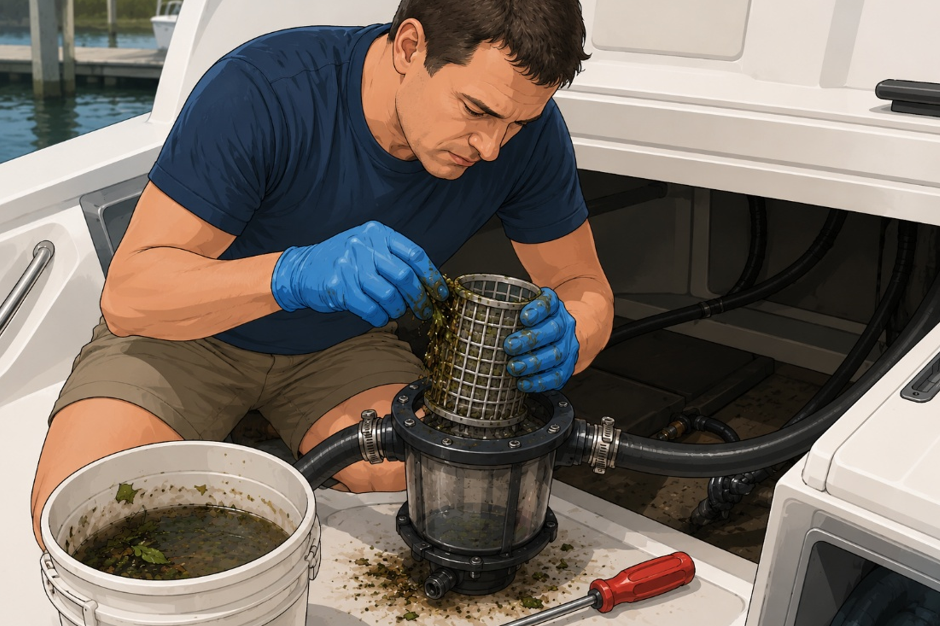 Boat owner wearing gloves while cleaning marine growth from a sea strainer basket.