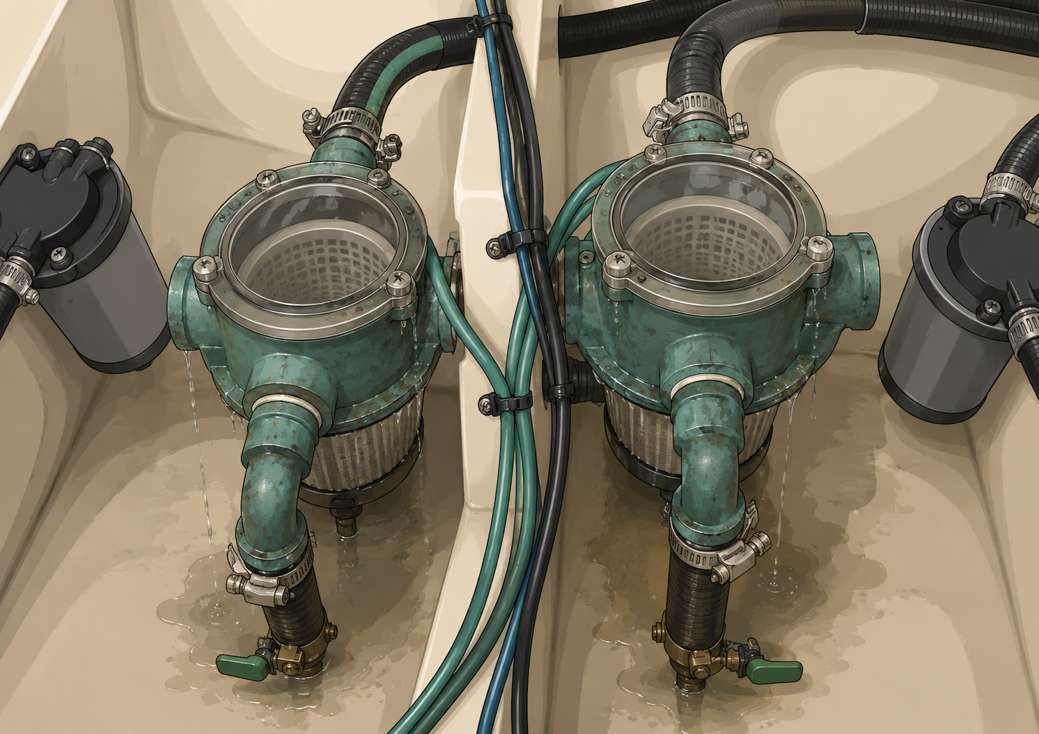 Two bronze sea strainers installed side by side in a boat’s machinery space.